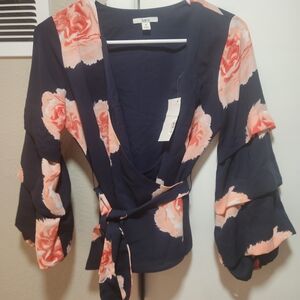 Bar III Navy and Coral Floral Wrap Blouse